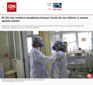87 dos médicos brasileiros tiveram Covid-19 nos últimos 2 meses, aponta estudo